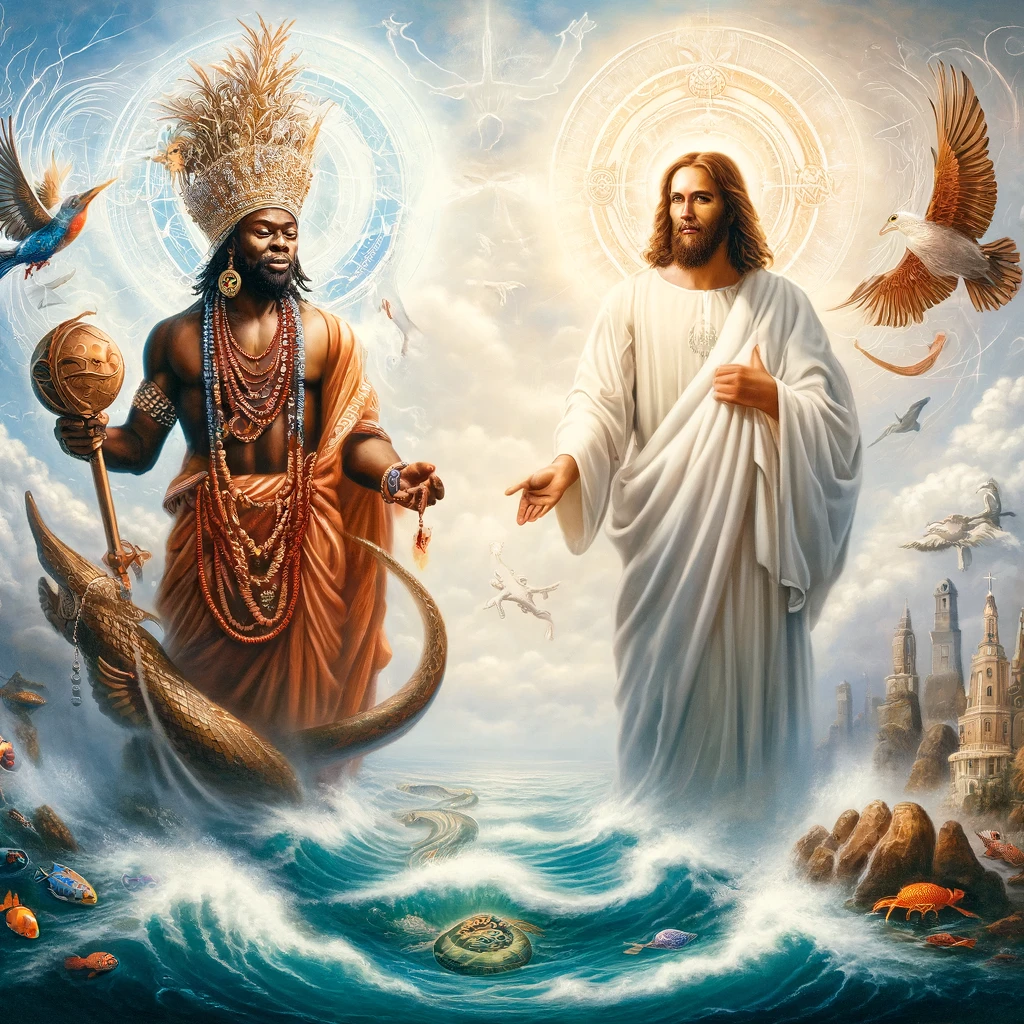 DALL·E 2024-03-30 16.15.22 - This artwork presents a captivating scene where Olokun, the Orisha of the sea, and Jesus Christ are portrayed together, each in their divine roles, sy.webp